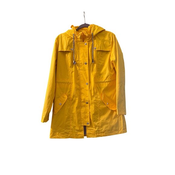 Yellow Hooded Rain Jacket With Drawstring & Snap Closures Size S Striped Lining - Picture 1 of 8